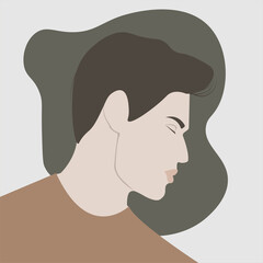 Beautiful guy is dark-haired on a green background, in brown T-shirt and in flat style