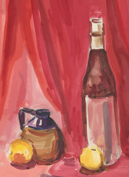 Watercolor drawing of still-life with wine bottle,ceramic vase and two yellow apples on red drapery