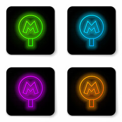 Glowing neon line Metro or Underground or Subway icon isolated on white background. Black square button. Vector