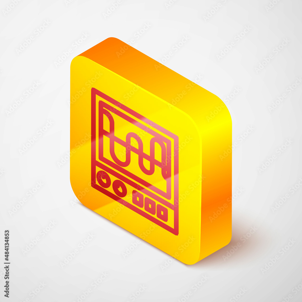 Poster isometric line oscilloscope measurement signal wave icon isolated on grey background. yellow square 