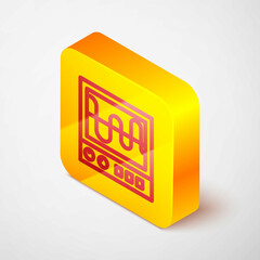 Isometric line Oscilloscope measurement signal wave icon isolated on grey background. Yellow square button. Vector