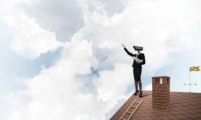 Concept of security and privacy protection with camera headed woman