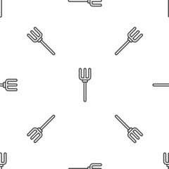 Grey line Garden pitchfork icon isolated seamless pattern on white background. Garden fork sign. Tool for horticulture, agriculture, farming. Vector