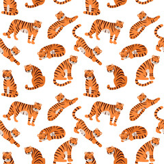 Seamless pattern with tigers in different poses isolated on white background. Cartoon animal characters. Cute background for fabric or wallpaper boho design. Hand drawn Flat Vector illustration.
