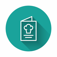 White line Cookbook icon isolated with long shadow background. Cooking book icon. Recipe book. Fork and knife icons. Cutlery symbol. Green circle button. Vector