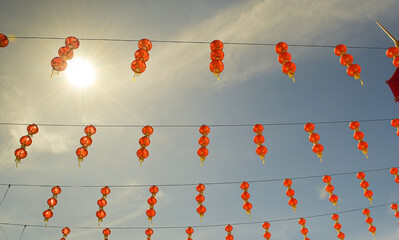 Red lantern decoration with Pagoda at back with clear blue sky