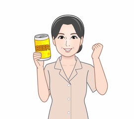 缶ビールを持った女性