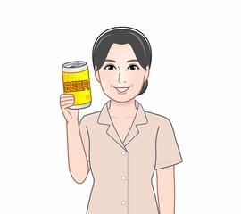 缶ビールを持った女性