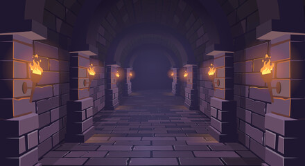 Dungeon. Long medieval castle corridor with torches. Interior of ancient Palace with stone arch. Vector illustration. - obrazy, fototapety, plakaty