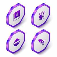 Set Isometric Christmas book, stocking, ball and Firework rocket icon. Purple hexagon button. Vector
