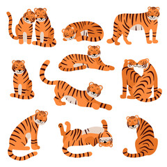 Cute Tigers set. Cartoon Tiger characters in different poses. Stand, run, sit, lie down animal. Hand drawn flat vector illustration isolated on white. For children decor, nursery design, banner.