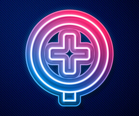Glowing neon line Hospital road traffic icon isolated on blue background. Traffic rules and safe driving. Vector