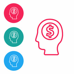 Red line Business man planning mind icon isolated on white background. Human head with dollar. Idea to earn money. Business investment growth. Set icons in circle buttons. Vector