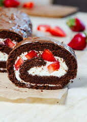 roll cake chocolate with strawberry