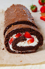 roll cake chocolate with strawberry