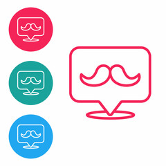 Red line Mustache icon isolated on white background. Barbershop symbol. Facial hair style. Set icons in circle buttons. Vector