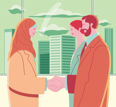 Young Muslim woman in hijab shaking hands with two colleagues. Multi-ethnic team. Workplace with large window overlooking skyscrapers.

