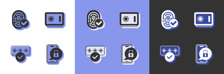 Set Mobile with closed padlock, Fingerprint, Password protection and Safe icon. Vector