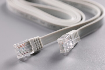 Closeup of rj45 cable on gray background