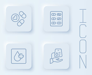 Set line Medicine pill or tablet, Pills blister pack, Blood test and donation. White square button. Vector