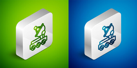 Isometric line Mars rover icon isolated on green and blue background. Space rover. Moonwalker sign. Apparatus for studying planets surface. Silver square button. Vector