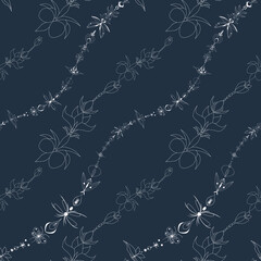 Fototapeta na wymiar White ornament on a dark background. Abstract floral drawing. Seamless pattern