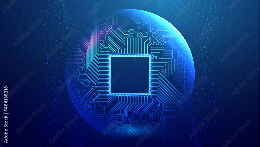 Poster electronic circuit board in sphere shield. blue technology network vector illustration with hexagon 