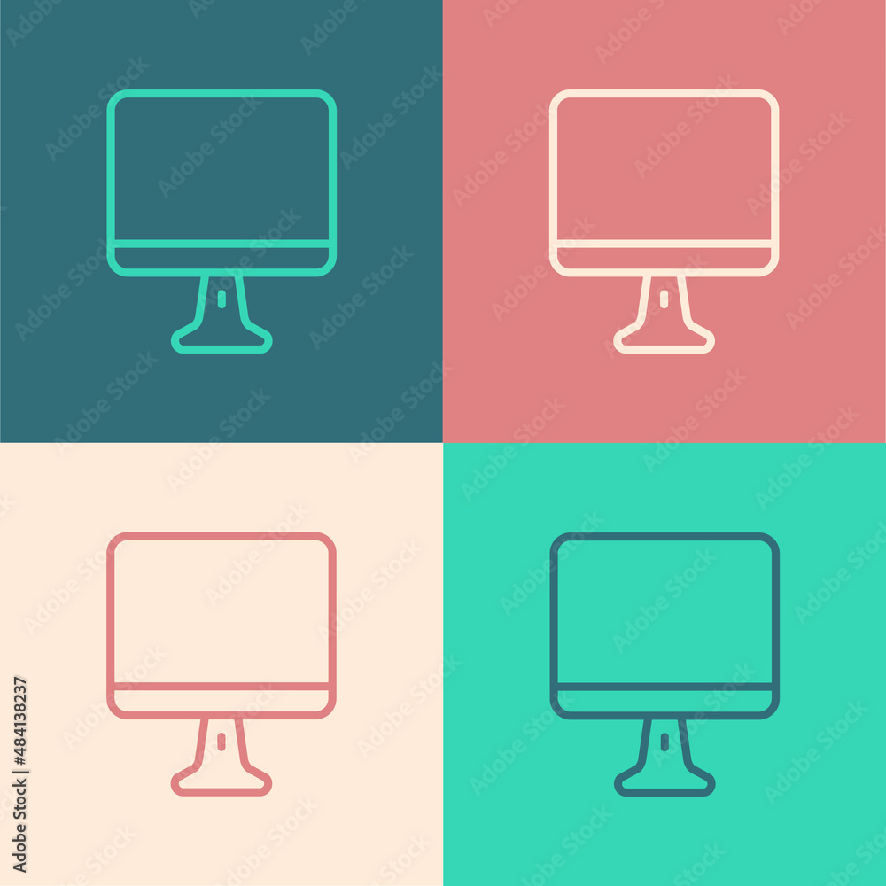 Poster pop art line computer monitor screen icon isolated on color background. electronic device. front vie