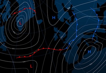 Forecast weather isobar map, meteorology wind front and temperature diagram, vector background. Weather forecast and climate generic system map with cyclone and anticyclone wind in graphic chart - obrazy, fototapety, plakaty