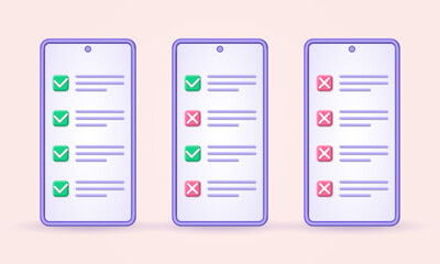 Check list on the mobile phone screen set. 3d checklist on the smartphone with tick and cross symbols, correct and wrong checkmarks. Online test, survey concept. Vector illustration.