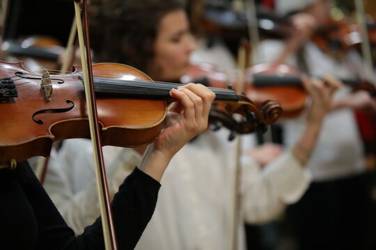 Person playing the violin in the orchestra musical instrument close-up background image