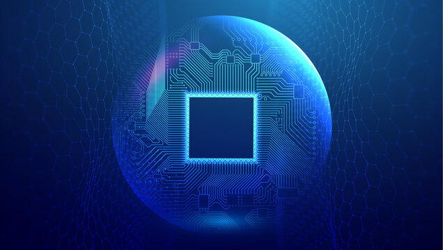 Electronic circuit board in sphere shield. Blue technology network vector illustration with hexagon wave. Network connection background.
