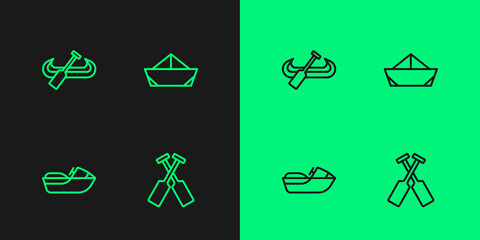 Set line Crossed oars or paddles boat, Jet ski, Kayak and and Folded paper icon. Vector