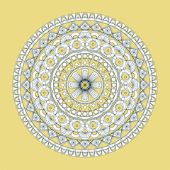 Mandala. Ornamental round doodle flower isolated on yellow background. Geometric circle element. Vector illustration.