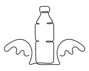 Bottle of Water with Splash, sketch. Continuous one simple line drawing. Plastic waste, Fresh Soda or Drink Water, Bottle for liquid. Vector