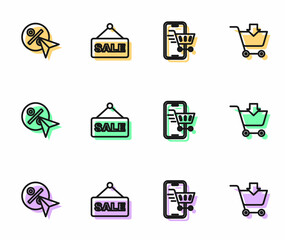 Set line Mobile with shopping cart, Discount percent tag, Hanging sign text Sale and Add to Shopping icon. Vector