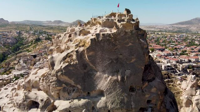 Filming top of uchisar castle in cappadocia region, turkey