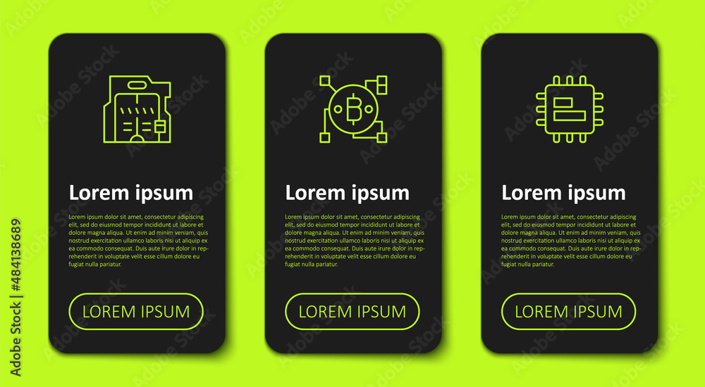 Poster set line futuristic sliding doors, blockchain technology bitcoin and processor cpu. business infogra