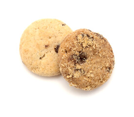 Round chocolate chip mini cookies isolated on white background 
