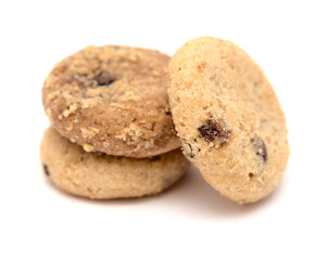 Round chocolate chip mini cookies isolated on white background 
