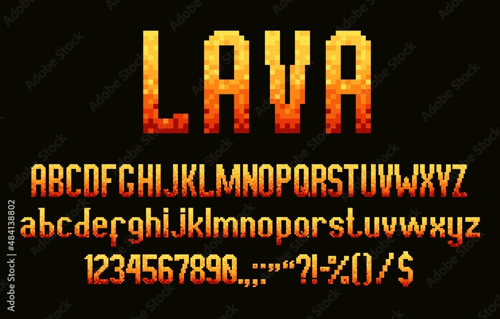 Poster 8 bit pixel font alphabet, retro pixel game type letters, digits and symbols. vector arcade video or