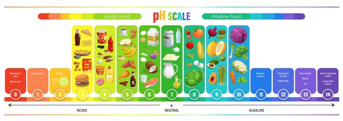 PH scale chart, acid balance of nutrition measure meter and food chemistry science infographics. Food acidity laboratory test scale with fast food meal and drink, dairy products, fruits and vegetables - obrazy, fototapety, plakaty