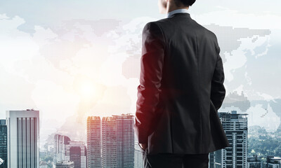 Fototapeta premium Concept of business success and control with confident boss against cityscape background