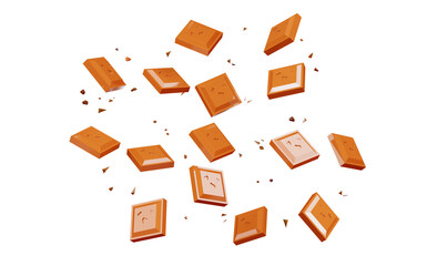Flying pieces of chocolate in the air, isolated on white backgroud. Broken chocolate bar, 3d rendering.