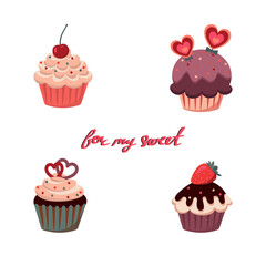 Cute set of cupcakes with heart, strawberry, cherry, for St. Valentines day. Greeting card composition for 14 February. Flat vector illustration isolated on white background