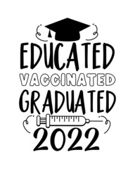 Educated vaccinated graduated - funny greeting with Vaccine and Graduation Cap, in covid-19 pandemic self isolated period.  - obrazy, fototapety, plakaty