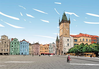 Obraz premium Prague city hand drawn sketch. European city, vector illustration
