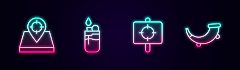 Set line Hunt place, Lighter, Target sport and Hunting horn. Glowing neon icon. Vector