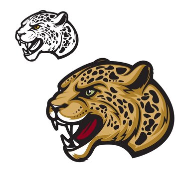 Angry jaguar or leopard cartoon animal mascot, vector beast. Roaring wild cat predator head with fierce fangs for sport team badge, league emblem, tattoo or game mascot