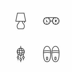 Set line Slippers, Dream catcher with feathers, Table lamp and Contact lens container icon. Vector